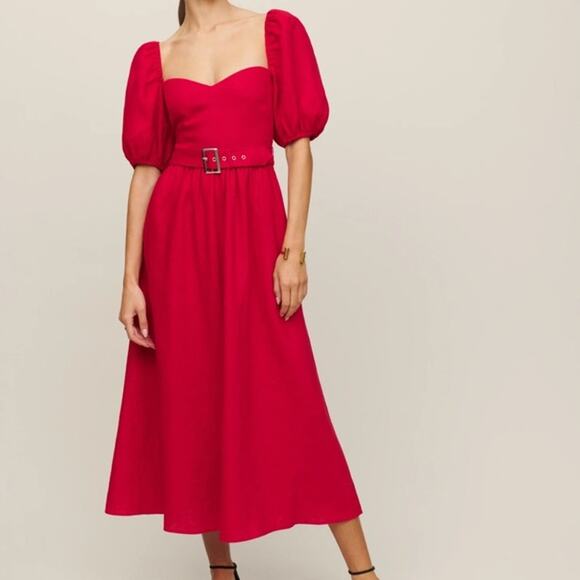 Reformation 100% Linen Red Zipper Smock Puffy Sleeve Sweetheart Neck Dress Sz 0 - Picture 4 of 12